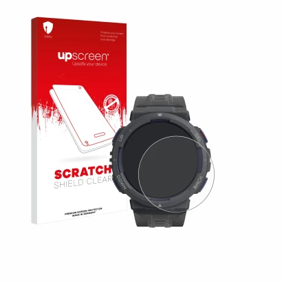 Parte frontale di una confezione del prodotto con il logo del marchio upscreen. Accanto è raffigurato il dispositivo Amazfit A