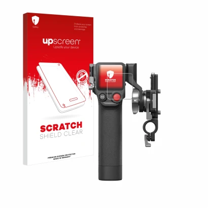 Parte frontale di una confezione del prodotto con il logo del marchio upscreen. Accanto è raffigurato il dispositivo DJI Focus