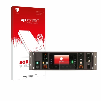 Parte frontale di una confezione del prodotto con il logo del marchio upscreen. Accanto è raffigurato il dispositivo Behringer