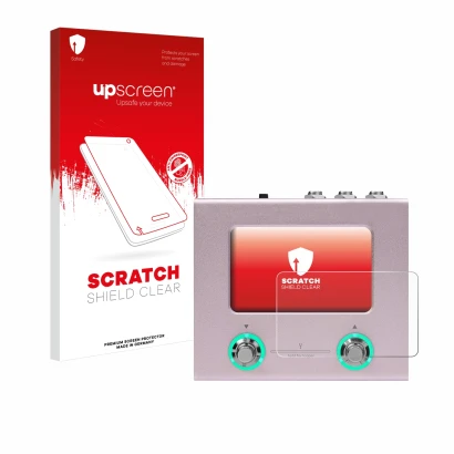 Parte frontale di una confezione del prodotto con il logo del marchio upscreen. Accanto è raffigurato il dispositivo Hotone Am