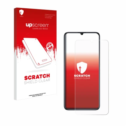 Parte frontale di una confezione del prodotto con il logo del marchio upscreen. Accanto è raffigurato il dispositivo Oukitel C