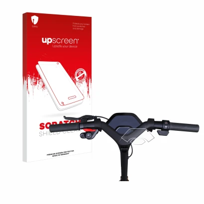 Parte frontale di una confezione del prodotto con il logo del marchio upscreen. Accanto è raffigurato il dispositivo Segway Ni