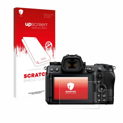 Parte frontale di una confezione del prodotto con il logo del marchio upscreen. Accanto è raffigurato il dispositivo Nikon Z6 