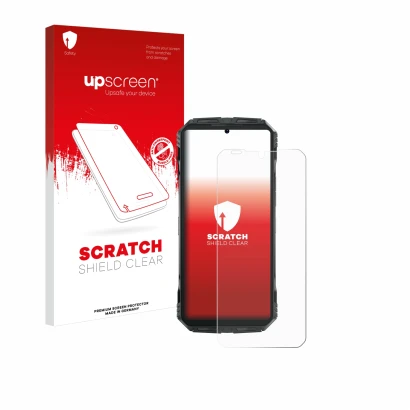 Parte frontale di una confezione del prodotto con il logo del marchio upscreen. Accanto è raffigurato il dispositivo Doogee S 