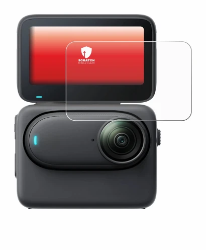 Immagine del dispositivo Insta360 Go 3S con un'ampia varietà di protezioni per lo schermo.