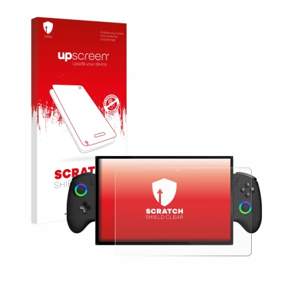 Parte frontale di una confezione del prodotto con il logo del marchio upscreen. Accanto è raffigurato il dispositivo OneXPlaye