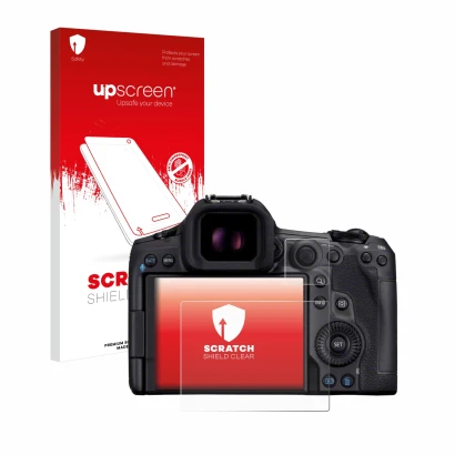 Parte frontale di una confezione del prodotto con il logo del marchio upscreen. Accanto è raffigurato il dispositivo Canon EOS
