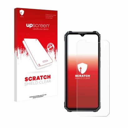 Parte frontale di una confezione del prodotto con il logo del marchio upscreen. Accanto è raffigurato il dispositivo Oukitel W