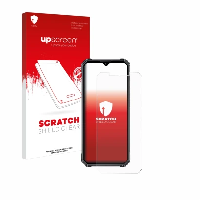 Parte frontale di una confezione del prodotto con il logo del marchio upscreen. Accanto è raffigurato il dispositivo Oukitel W