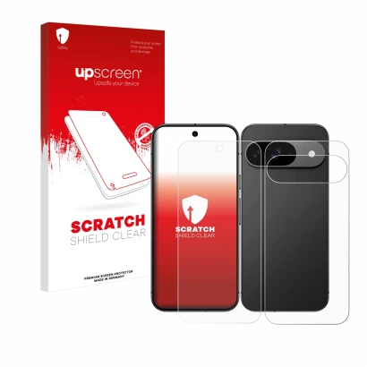 Parte frontale di una confezione del prodotto con il logo del marchio upscreen. Accanto è raffigurato il dispositivo Google Pi