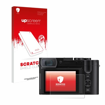 Parte frontale di una confezione del prodotto con il logo del marchio upscreen. Accanto è raffigurato il dispositivo Leica Q3