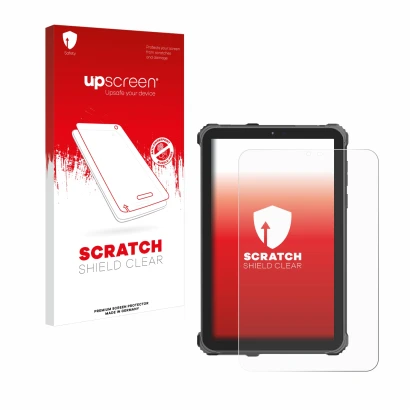 Parte frontale di una confezione del prodotto con il logo del marchio upscreen. Accanto è raffigurato il dispositivo Oukitel R