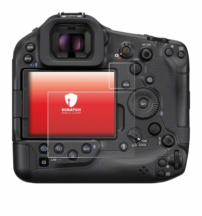 Immagine del dispositivo Canon EOS R1 con un'ampia varietà di protezioni per lo schermo.
