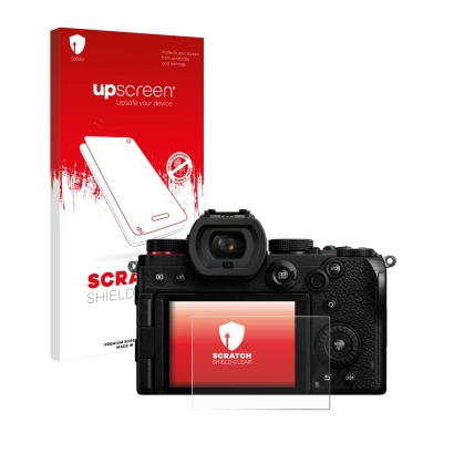 Parte frontale di una confezione del prodotto con il logo del marchio upscreen. Accanto è raffigurato il dispositivo Panasonic