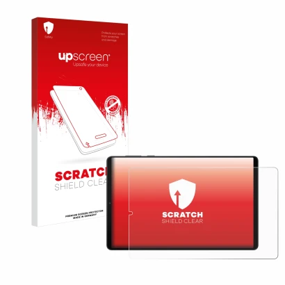 Parte frontale di una confezione del prodotto con il logo del marchio upscreen. Accanto è raffigurato il dispositivo Lenovo Le