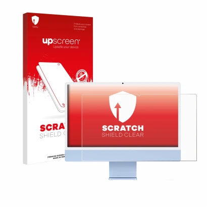 Parte frontale di una confezione del prodotto con il logo del marchio upscreen. Accanto è raffigurato il dispositivo Apple iMa