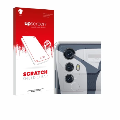 Parte frontale di una confezione del prodotto con il logo del marchio upscreen. Accanto è raffigurato il dispositivo Cubot Max