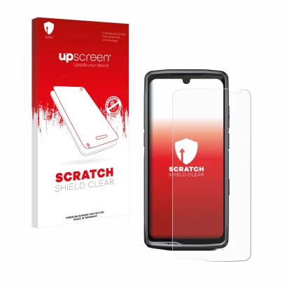 Parte frontale di una confezione del prodotto con il logo del marchio upscreen. Accanto è raffigurato il dispositivo Crosscall