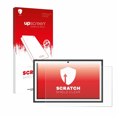Parte frontale di una confezione del prodotto con il logo del marchio upscreen. Accanto è raffigurato il dispositivo Echo Show