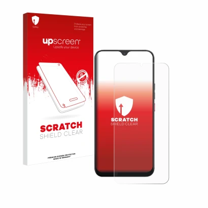 Parte frontale di una confezione del prodotto con il logo del marchio upscreen. Accanto è raffigurato il dispositivo Volla Pho