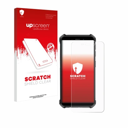 Parte frontale di una confezione del prodotto con il logo del marchio upscreen. Accanto è raffigurato il dispositivo Ulefone A