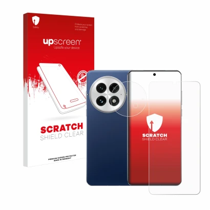 Parte frontale di una confezione del prodotto con il logo del marchio upscreen. Accanto è raffigurato il dispositivo OnePlus 1