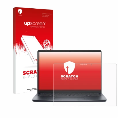 Parte frontale di una confezione del prodotto con il logo del marchio upscreen. Accanto è raffigurato il dispositivo Dell Pro 