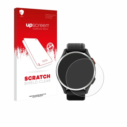 Parte frontale di una confezione del prodotto con il logo del marchio upscreen. Accanto è raffigurato il dispositivo Garmin Ap