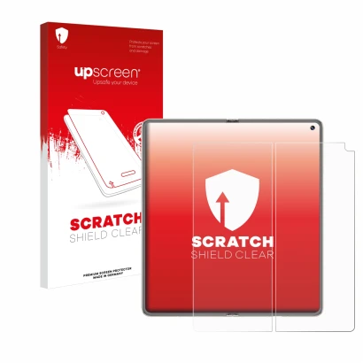 Parte frontale di una confezione del prodotto con il logo del marchio upscreen. Accanto è raffigurato il dispositivo Huawei Ma