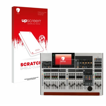 Parte frontale di una confezione del prodotto con il logo del marchio upscreen. Accanto è raffigurato il dispositivo Behringer