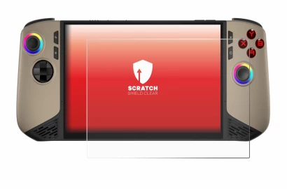 Immagine del dispositivo MSI Claw 8 AI+ con un'ampia varietà di protezioni per lo schermo.