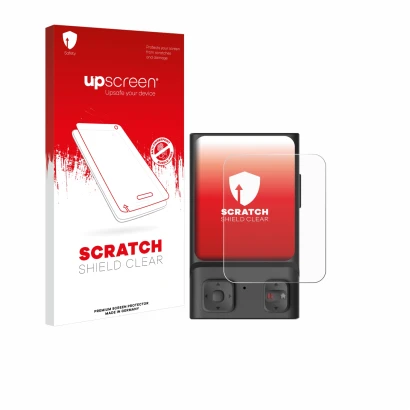 Parte frontale di una confezione del prodotto con il logo del marchio upscreen. Accanto è raffigurato il dispositivo Hoverair