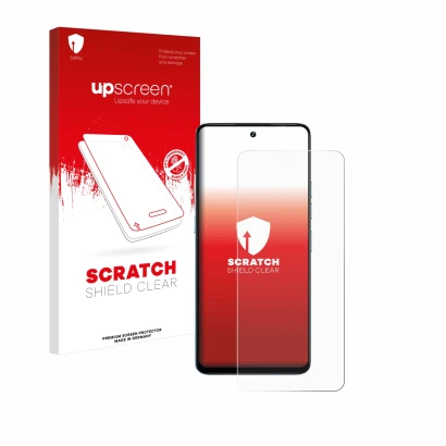 Parte frontale di una confezione del prodotto con il logo del marchio upscreen. Accanto è raffigurato il dispositivo Umidigi N