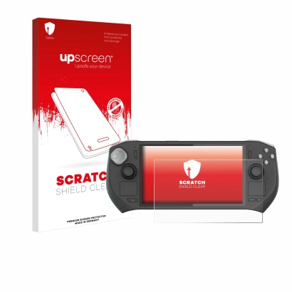 Parte frontale di una confezione del prodotto con il logo del marchio upscreen. Accanto è raffigurato il dispositivo Zotac Gam