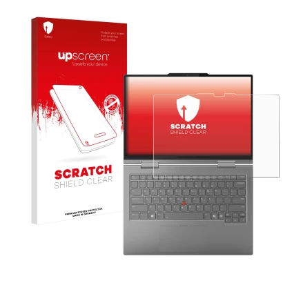 Parte frontale di una confezione del prodotto con il logo del marchio upscreen. Accanto è raffigurato il dispositivo Lenovo Th