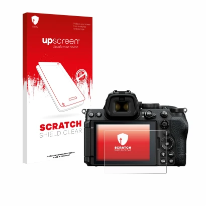 Parte frontale di una confezione del prodotto con il logo del marchio upscreen. Accanto è raffigurato il dispositivo Nikon Z5