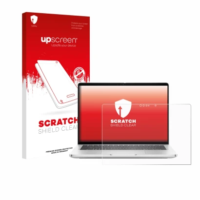 Parte frontale di una confezione del prodotto con il logo del marchio upscreen. Accanto è raffigurato il dispositivo Dell Pro 