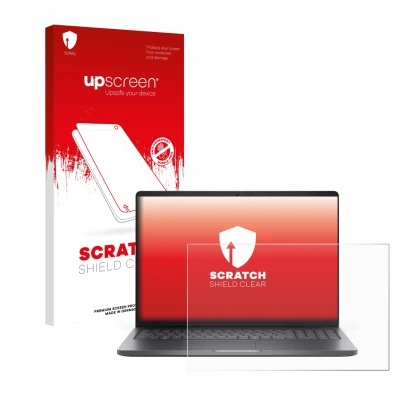 Parte frontale di una confezione del prodotto con il logo del marchio upscreen. Accanto è raffigurato il dispositivo Dell Pro 