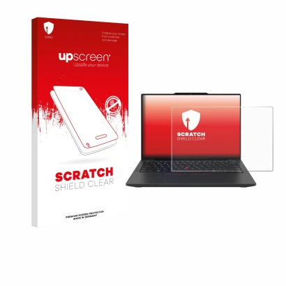 Parte frontale di una confezione del prodotto con il logo del marchio upscreen. Accanto è raffigurato il dispositivo Lenovo Th