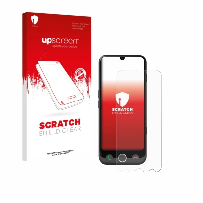 Parte frontale di una confezione del prodotto con il logo del marchio upscreen. Accanto è raffigurato il dispositivo Doro Auro