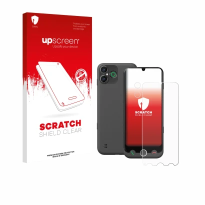 Parte frontale di una confezione del prodotto con il logo del marchio upscreen. Accanto è raffigurato il dispositivo Doro Auro