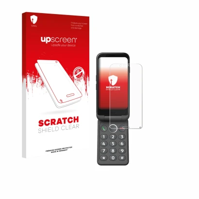 Parte frontale di una confezione del prodotto con il logo del marchio upscreen. Accanto è raffigurato il dispositivo Doro Auro