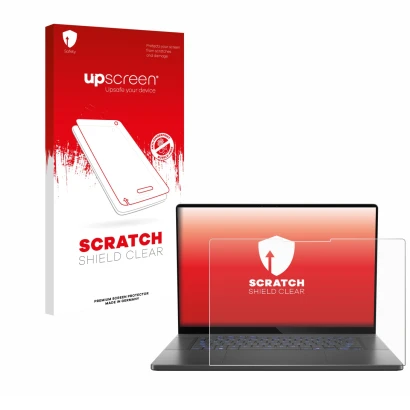 Parte frontale di una confezione del prodotto con il logo del marchio upscreen. Accanto è raffigurato il dispositivo ASUS ROG 