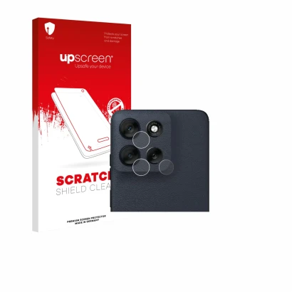 Parte frontale di una confezione del prodotto con il logo del marchio upscreen. Accanto è raffigurato il dispositivo Motorola 