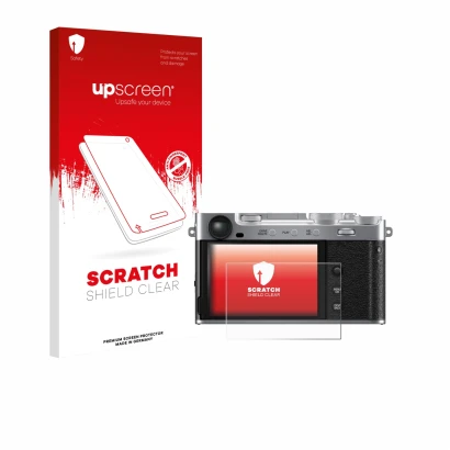 Parte frontale di una confezione del prodotto con il logo del marchio upscreen. Accanto è raffigurato il dispositivo Fujifilm