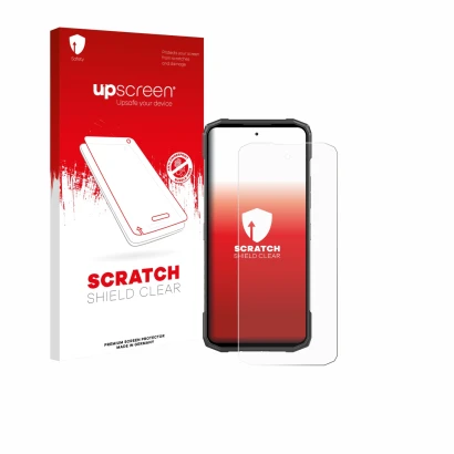 Parte frontale di una confezione del prodotto con il logo del marchio upscreen. Accanto è raffigurato il dispositivo Doogee Bl