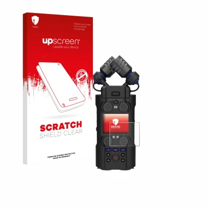 Parte frontale di una confezione del prodotto con il logo del marchio upscreen. Accanto è raffigurato il dispositivo Zoom H5 S