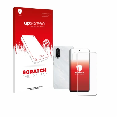 Parte frontale di una confezione del prodotto con il logo del marchio upscreen. Accanto è raffigurato il dispositivo OnePlus N