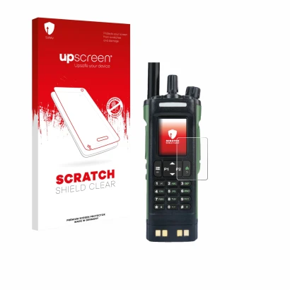 Parte frontale di una confezione del prodotto con il logo del marchio upscreen. Accanto è raffigurato il dispositivo Baofeng D