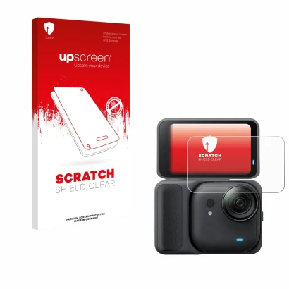 Parte frontale di una confezione del prodotto con il logo del marchio upscreen. Accanto è raffigurato il dispositivo Insta360